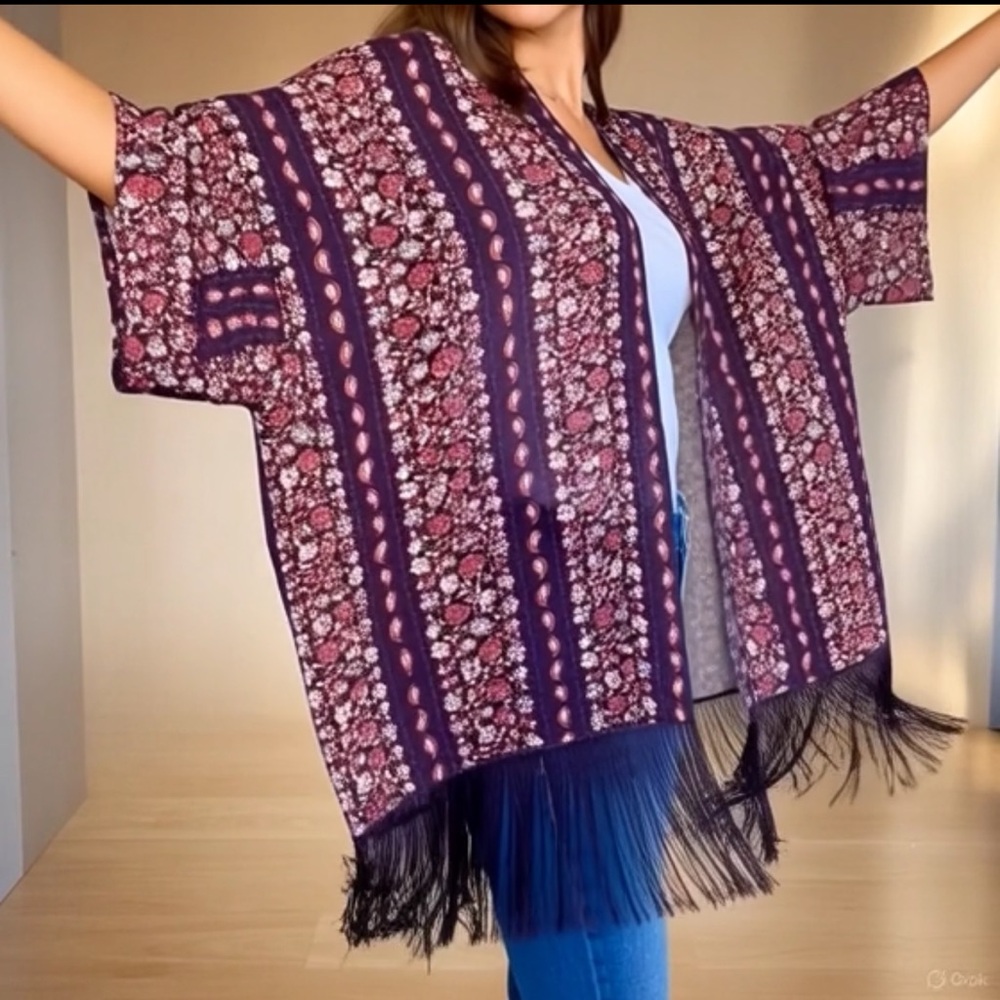 Bongo Blue Red White Scarf Print Fringe Kimono Jacket Women Juniors S/M - Picture 8 of 11